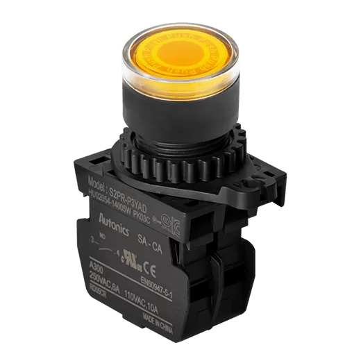 [S2PR-P3YAD] Pulsador iluminado, amarillo , 1NA, con módulo LED integrado 12-24V AC/DC. S2PR-P3YAD Autonics