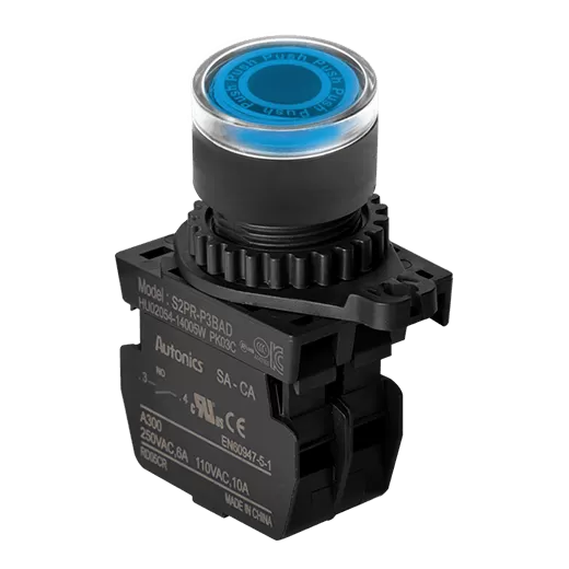 [S2PR-P3BAD] Pulsador iluminado, azul, 1NA, con módulo LED integrado 12-24V AC/DC. S2PR-P3BAD Autonics