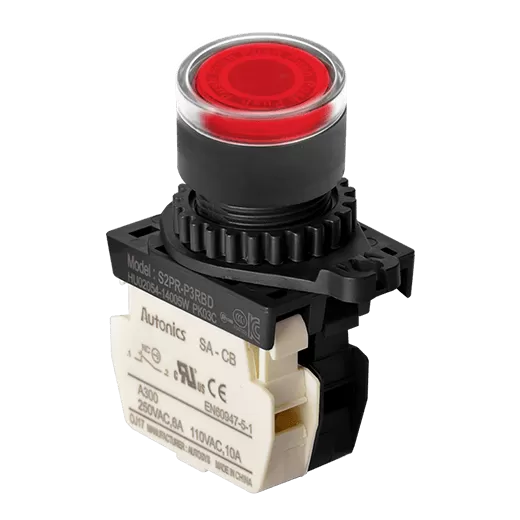 [S2PR-P3RBD] Pulsador iluminado, rojo, 1NC, con módulo LED integrado 12-24V AC/DC. S2PR-P3RBD Autonics