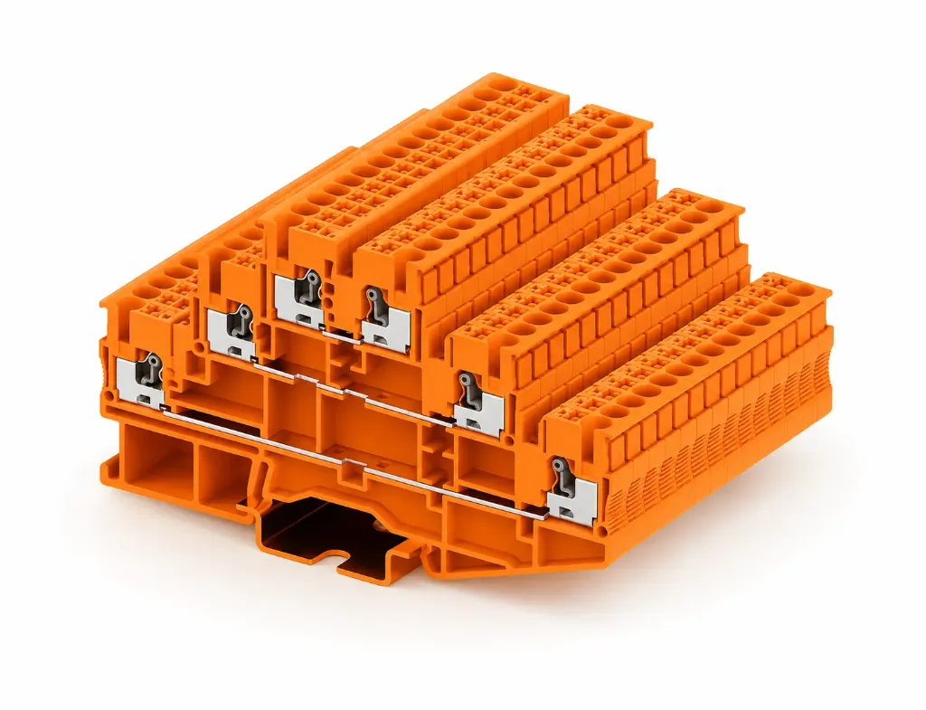 Bornera de 3 pisos naranja 26-12 AWG 20A con tecla de accionamiento SUPU